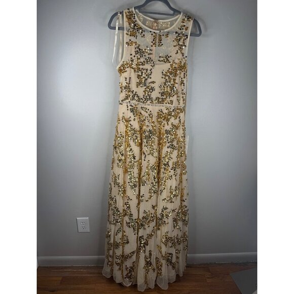 NWT Mac Duggal 10953 Jewel Neckline Embellished Maxi Dress Nude Gold Size 10 - Picture 5 of 9